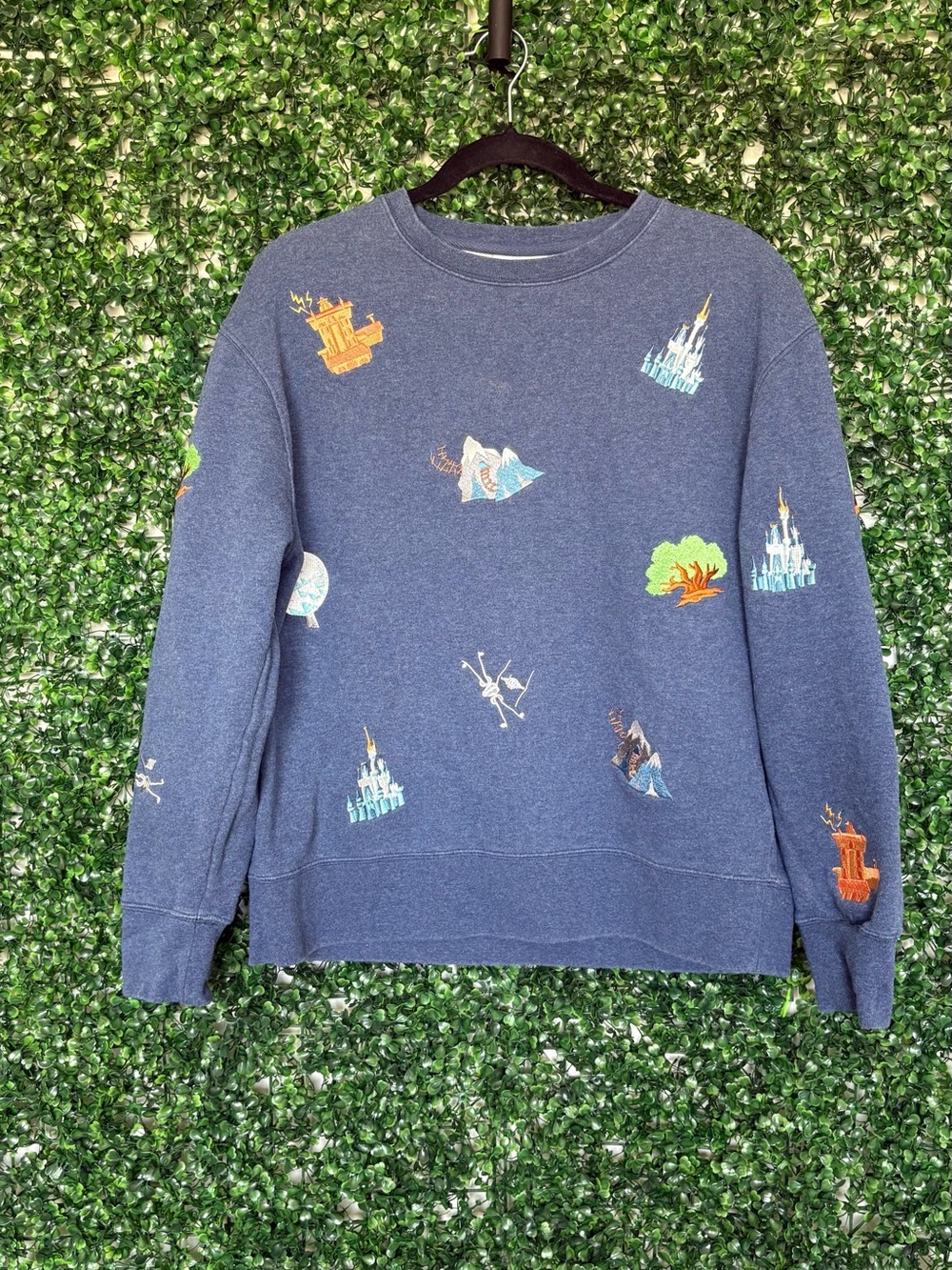 Disney Navy Crewneck Sweatshirt with Multicolor Embroidered Disney Motifs